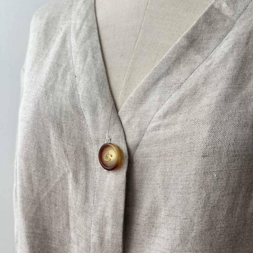 VINTAGE Linen Button V-Neck Beige Natural 3/4 Sleeve Top Womens Medium - Picture 2 of 9